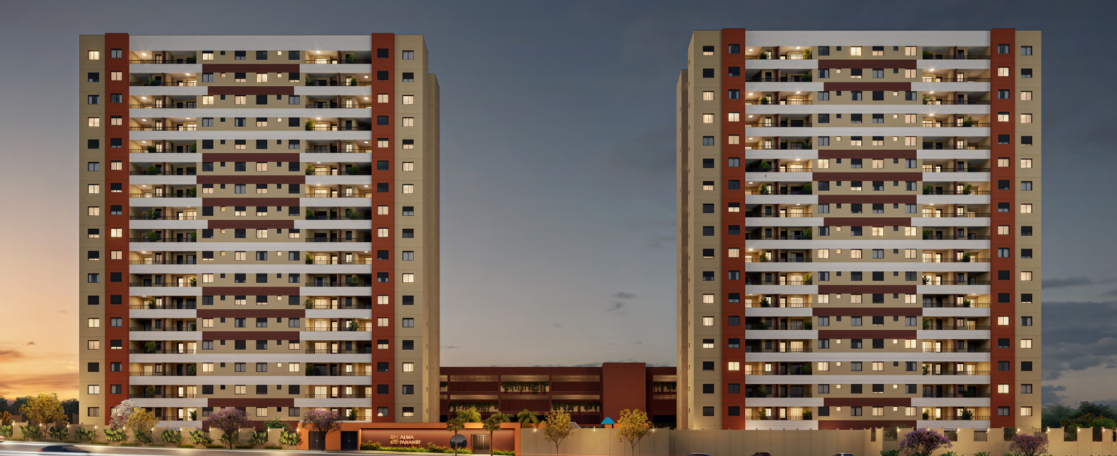 Imagem do empreendimento residencial Alma Panamby, com duas torres modernas em tons neutros e detalhes em terracota, iluminadas pela luz do pôr do sol, com rua e carros ao fundo.