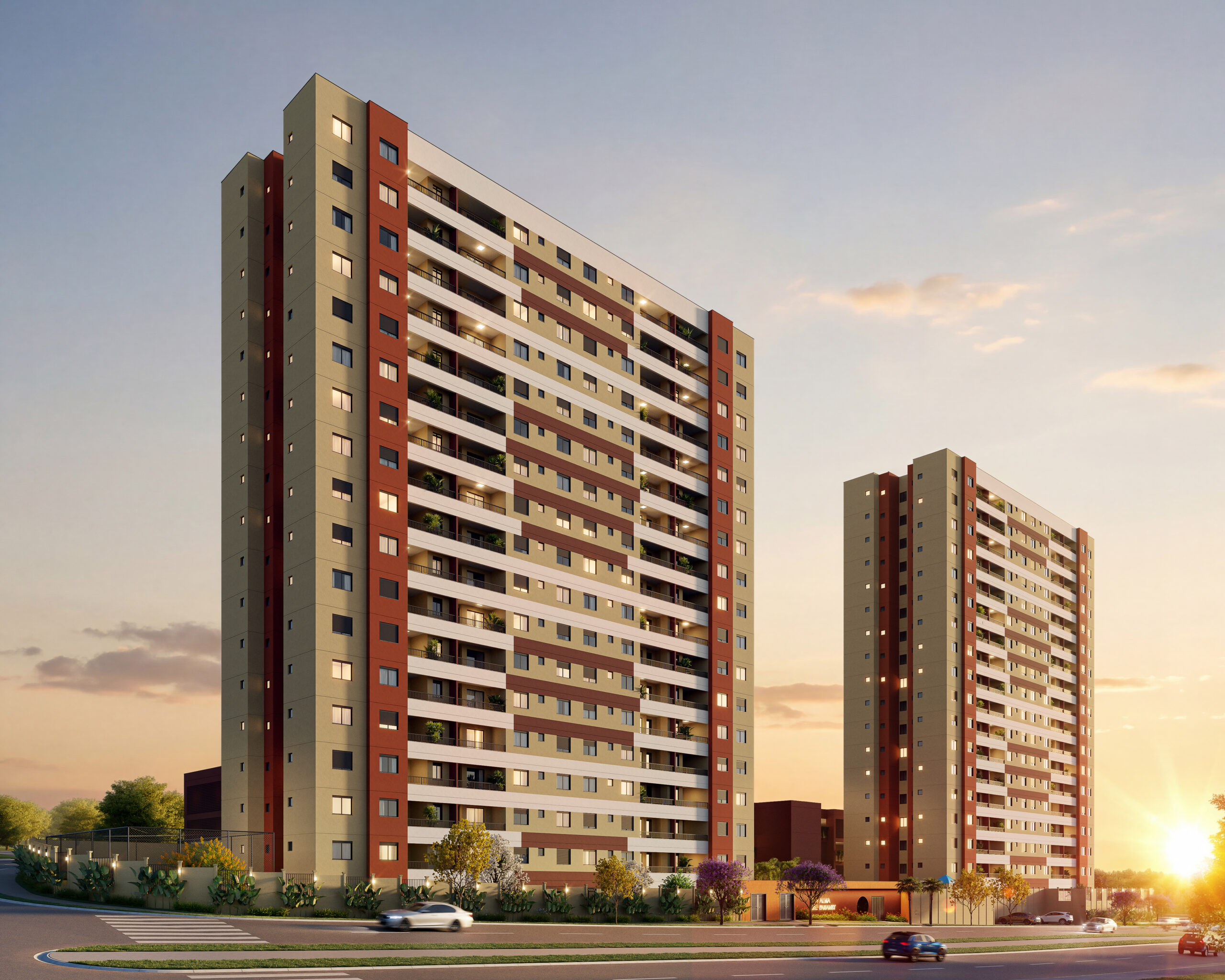 Imagem do empreendimento residencial Alma Panamby, com duas torres modernas em tons neutros e detalhes em terracota, iluminadas pela luz do pôr do sol, com rua e carros ao fundo.