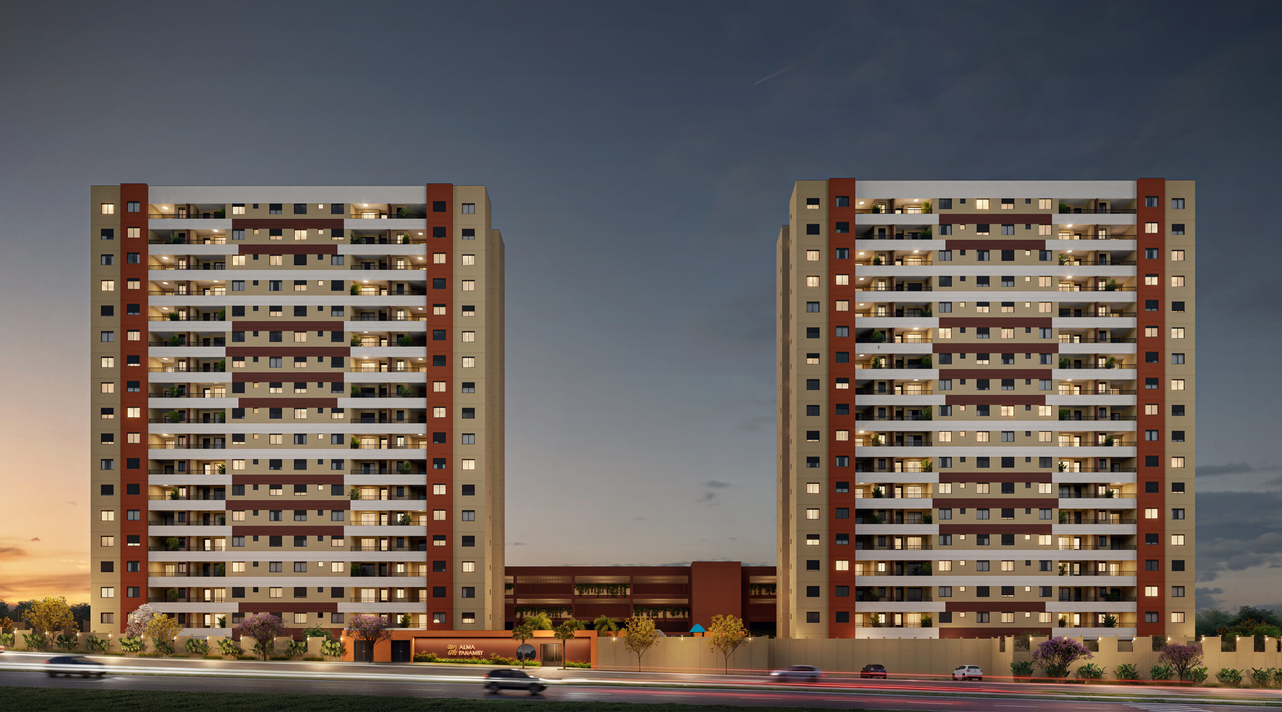 Imagem do empreendimento residencial Alma Panamby, com duas torres modernas em tons neutros e detalhes em terracota, iluminadas pela luz do pôr do sol, com rua e carros ao fundo.