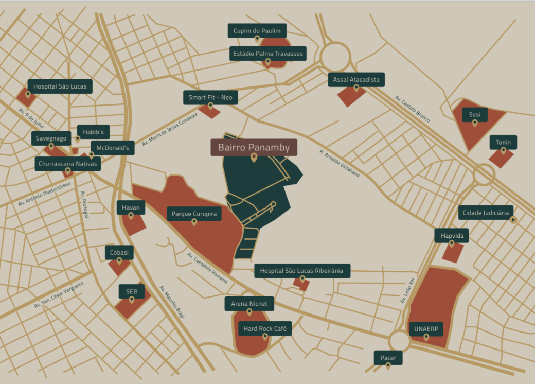 Imagem aérea em formato de desenho da localização (mapa) do bairro Panamby e entorno.