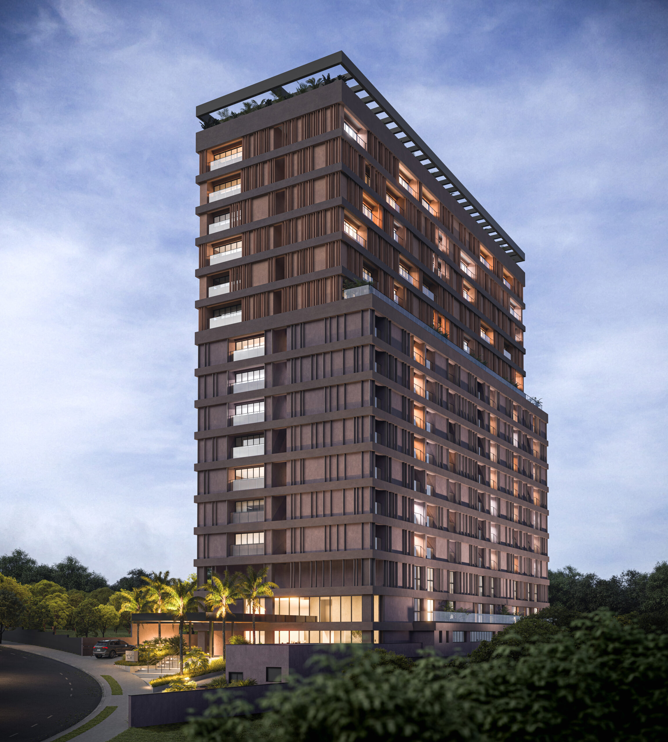 Fachada noturna do empreendimento corporativo Data Lake São Carlos, com arquitetura contemporânea, iluminação sofisticada e design moderno.